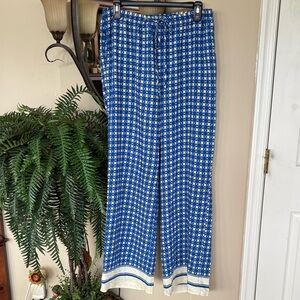 Sienna Sky Blue & White Geometric Checkered Wide Leg Casual Pants Stretch Waist